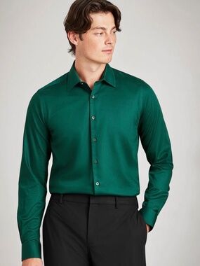 🎉 Bellissimo Slim Fit Non-Iron Emerald Green Sateen Dress Shirt - size 15.5